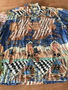 Kahala AVI Hawaiian Shirt Men L Blue Geometric Tribal Button Up Pocket Collared